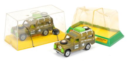 Mebetoys A67 land Rover a pair - (1) green camouflage finish , yellow interior,