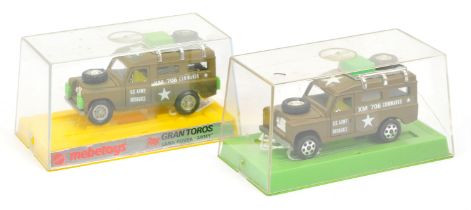 Mebetoys A67 land Rover a pair - (1) green camouflage finish , yellow interior,