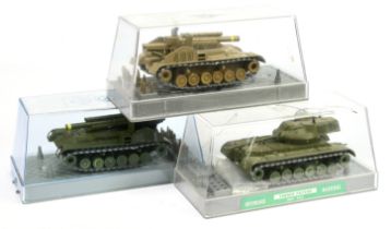 Nacoral (Spain) Military a group of 3 Tanks - (1) 500 Patton - green, (2) 501 Sherman - beige