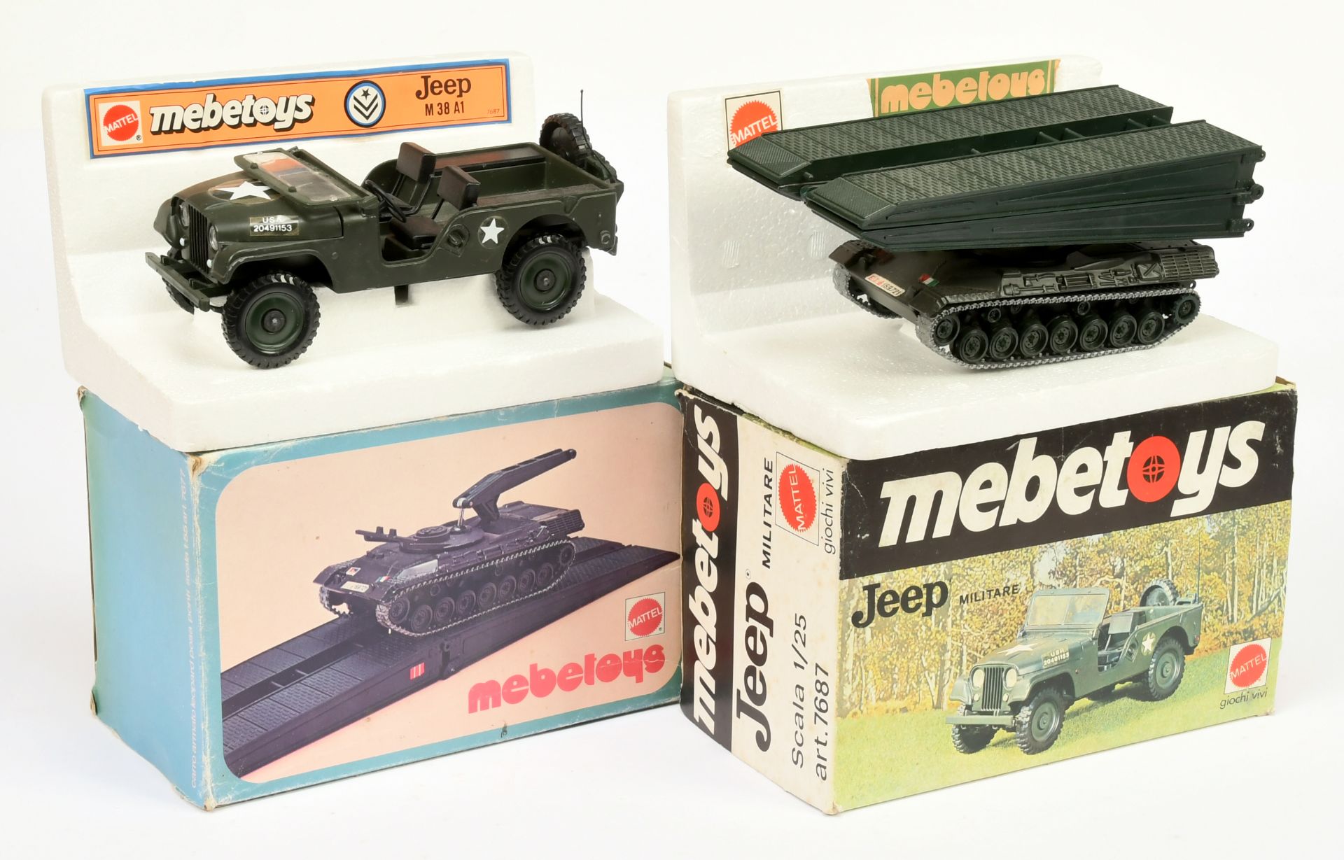 Mebetoys (1/55th) scale military pair - (1) 7677 leopard bridge layer and (2) 7687 Jeep