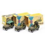 FJ Military a group of 3 Jeeps  - (1) rocket firing - drab green, (2) With Anti-Craft guns- Drab ...