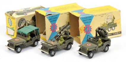 FJ Military a group of 3 Jeeps  - (1) rocket firing - drab green, (2) With Anti-Craft guns- Drab ...