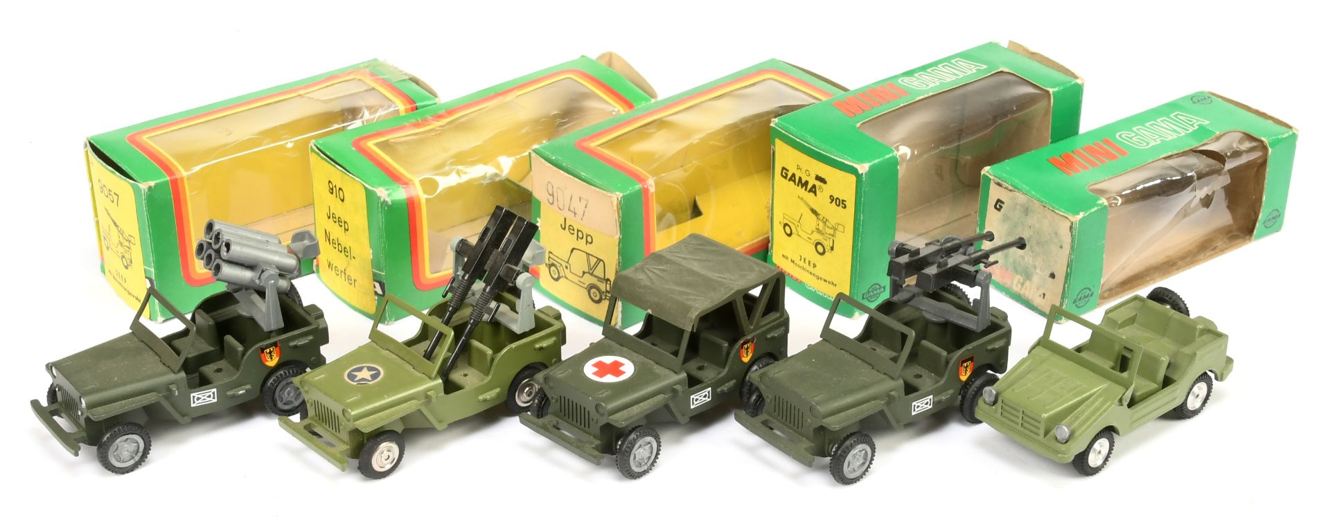 Gama Military Jeeps group of  to include 9047 "Ambulance", 910 Rocket Launcher plus others