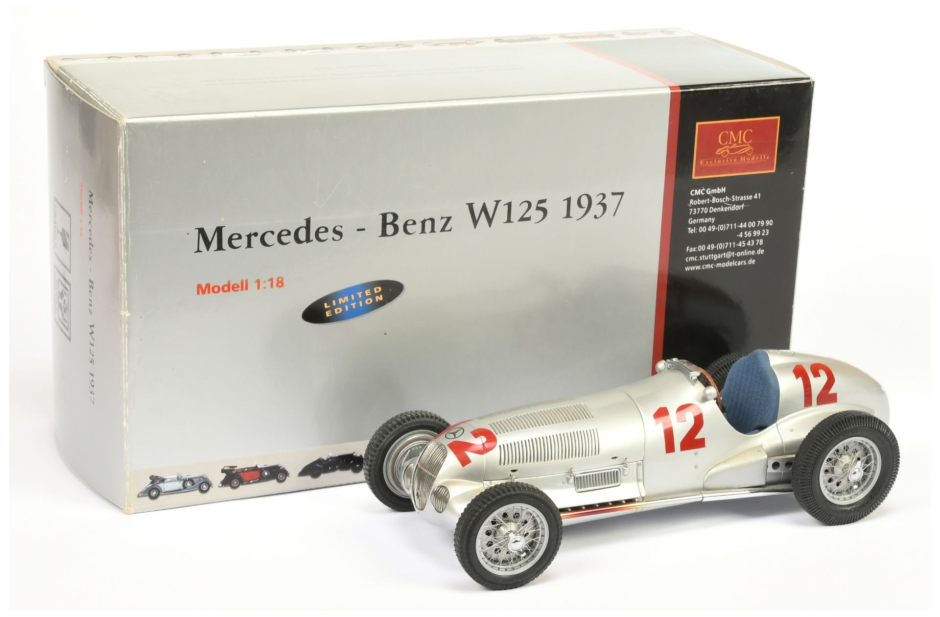 CMC 1/18th scale M-052 Mercedes Benz W125 1937 - silver, blue interior, racing number 12 Excellen...