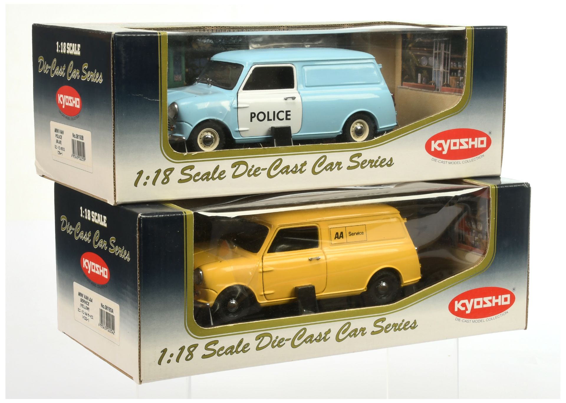 Kyosho 1/18th scale pair (1) 08913A Mini Van - AA Service - yellow (2) 08193B Mini Van - Police -...