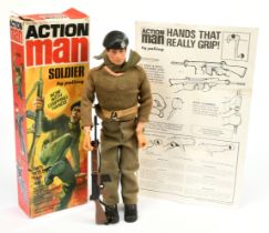 Palitoy Action Man Vintage Soldier - flock head figure with gripping hands, with beret and SLR ri...