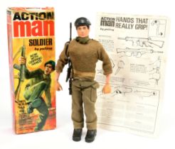 Palitoy Action Man Vintage Soldier - flock head figure with gripping hands, with beret and SLR ri...