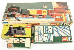 Lego Vintage Railway related group to include (1)127 4.5v Train Set (2) 133 Push Locomotive (3) 1...