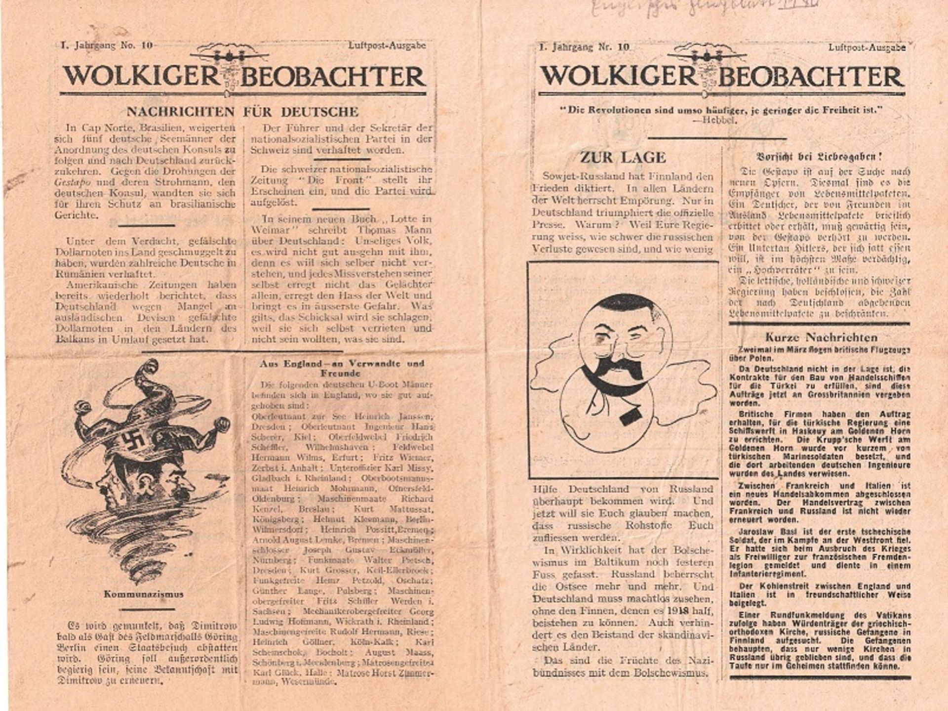 WK II Antikes Flugblatt "Wolkiger Beobachter"