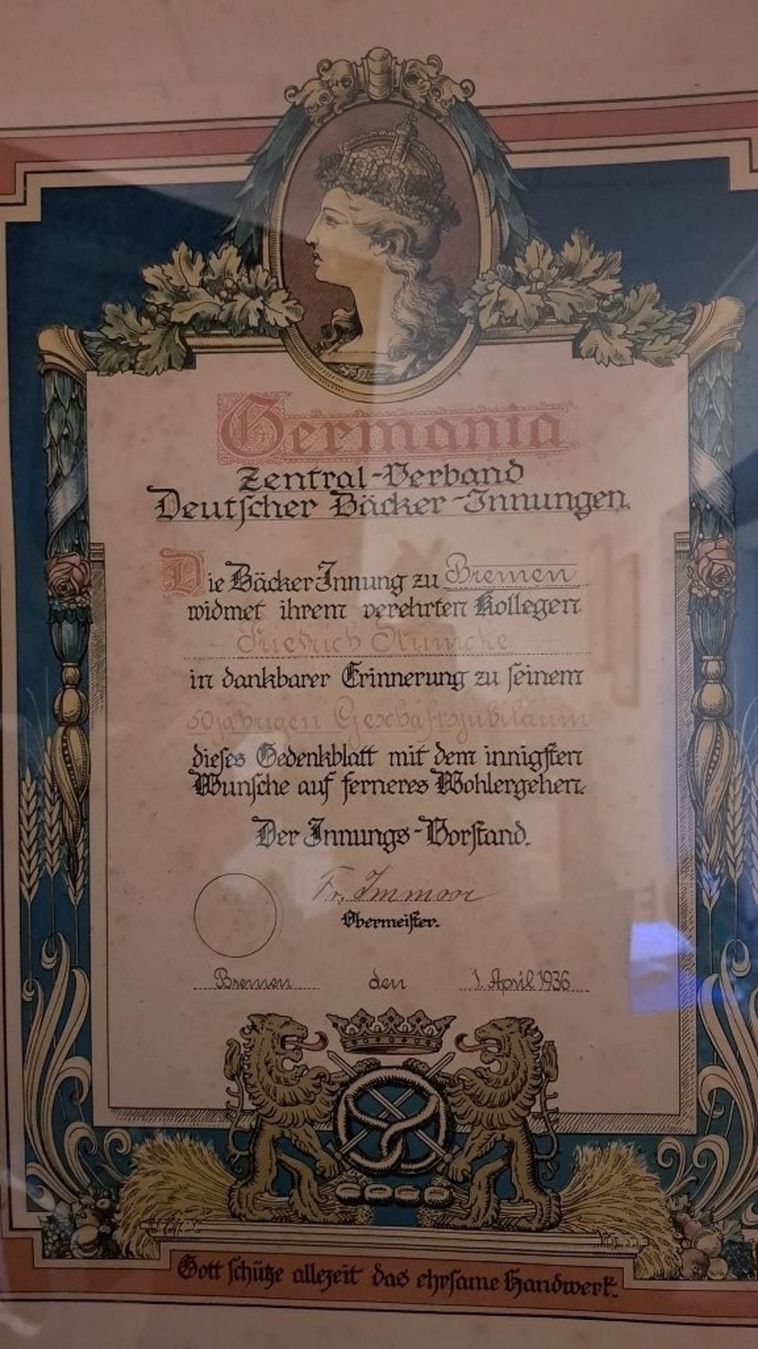 WK II Gerahmte Urkunde Bremer Bäcker-Innung 1936 - Bild 2 aus 5