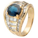 18K. Yellow gold handmade entourage ring set with 2.84 ct. certified natural sapphire and baguette c