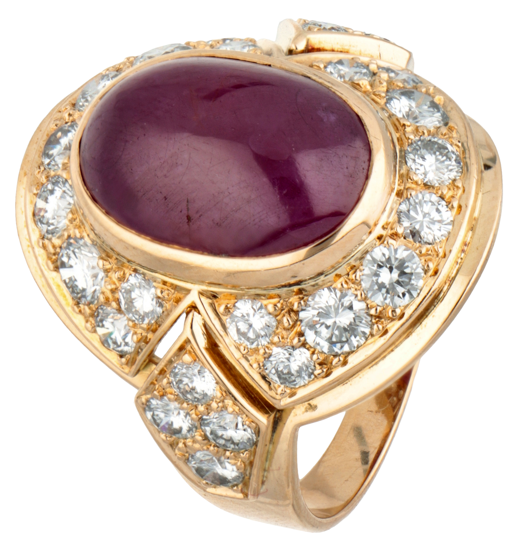 14K. Yellow gold ring set with approx. 1.66 ct. diamond and approx. 7.47 ct. natural ruby.