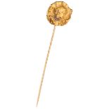 Art Nouveau 18K. yellow gold 'habillé' lapel pin of an elegant lady with diamond necklace.