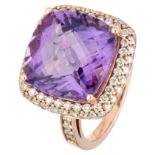 18K. Rose gold cocktail ring set with approx. 8.98 ct. amethyst and approx. 0.60 ct. diamond.