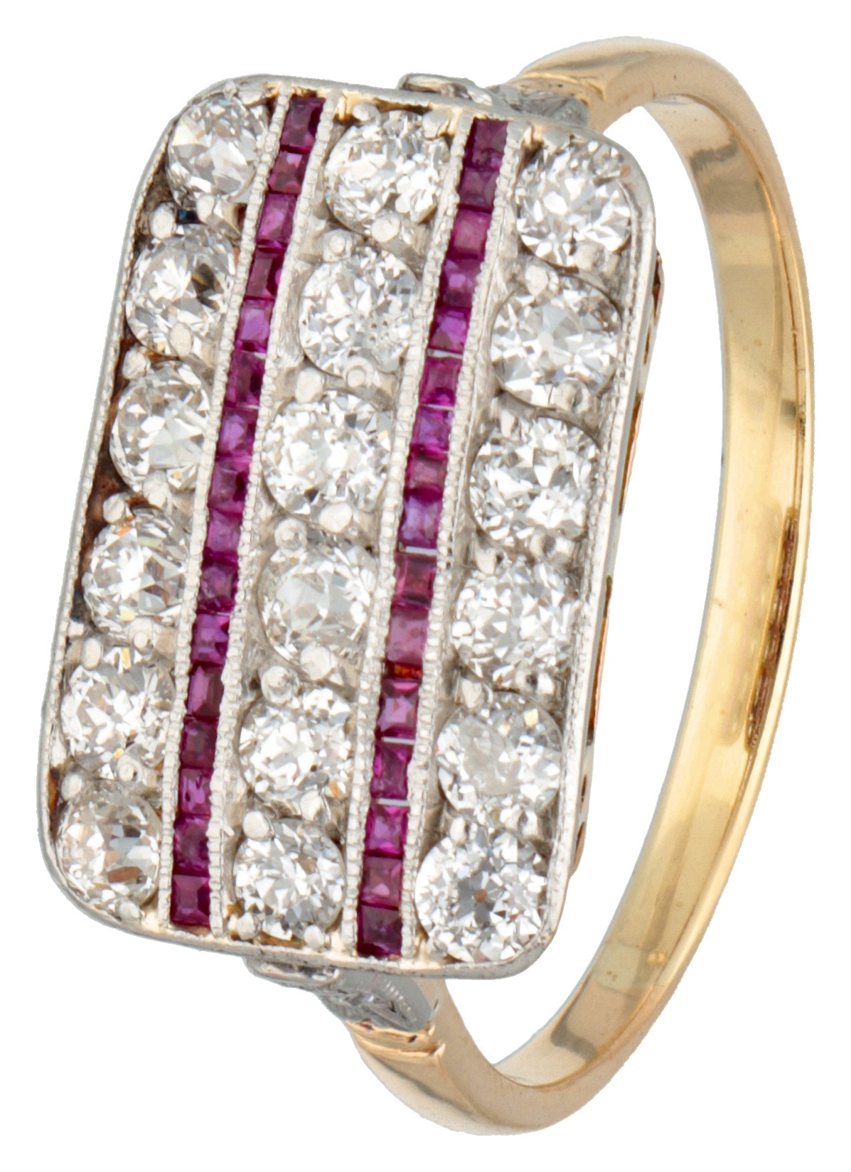 Art Deco 14K. yellow gold / platinum diamond ring approx 0.32 ct. and ruby.