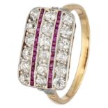 Art Deco 14K. yellow gold / platinum diamond ring approx 0.32 ct. and ruby.