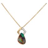 18K. Yellow gold necklace and modernist pendant set with boulder opal and diamond.