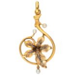 18K. Yellow gold Art Nouveau pendant flower(leaf) set with diamond and pearl.