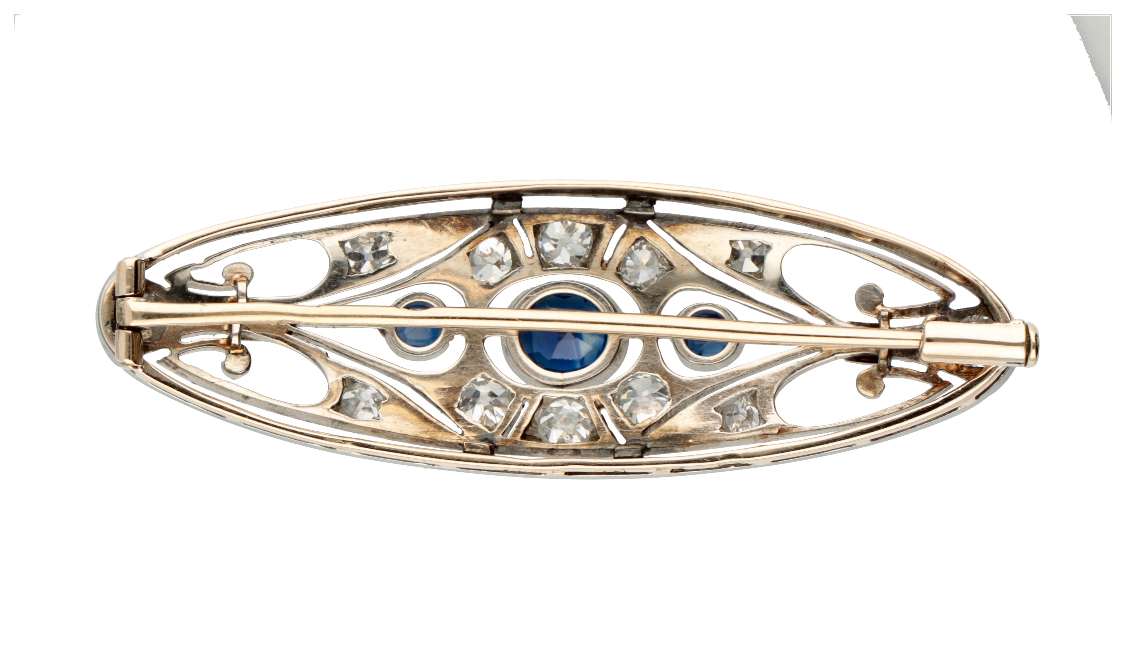 14K. Yellow gold Czech Art Deco brooch set with sapphire and old cut diamond. - Image 2 of 2