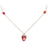 Adolfo Courrier 18K. yellow gold necklace with enamel strawberries and ladybug.