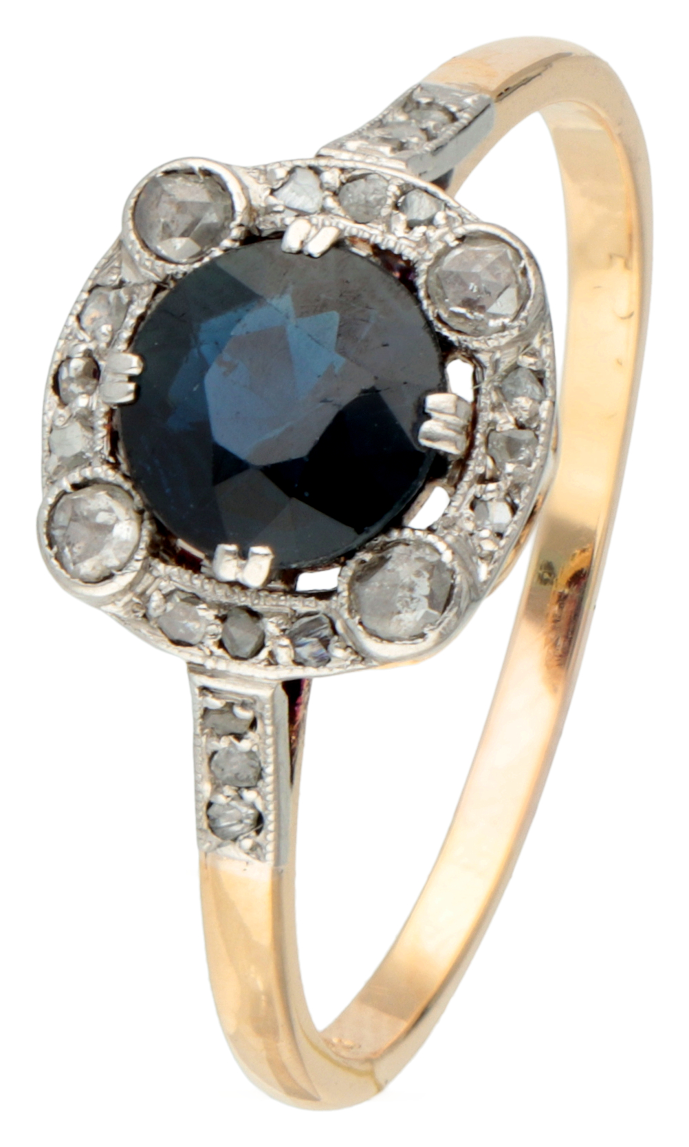 French 18K. yellow gold Art Deco ring set with approx. 0.83 ct. natural sapphire and diamond.