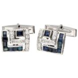 18K. White gold cufflinks with diamond and sapphire.