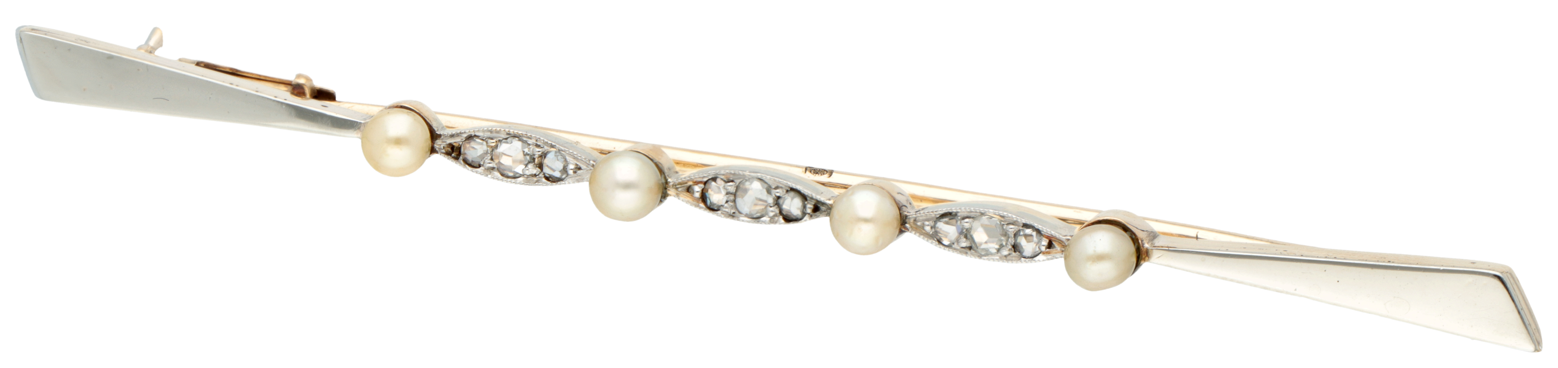 14K. Yellow gold barette brooch with diamond and pearl.