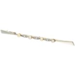 14K. Yellow gold barette brooch with diamond and pearl.