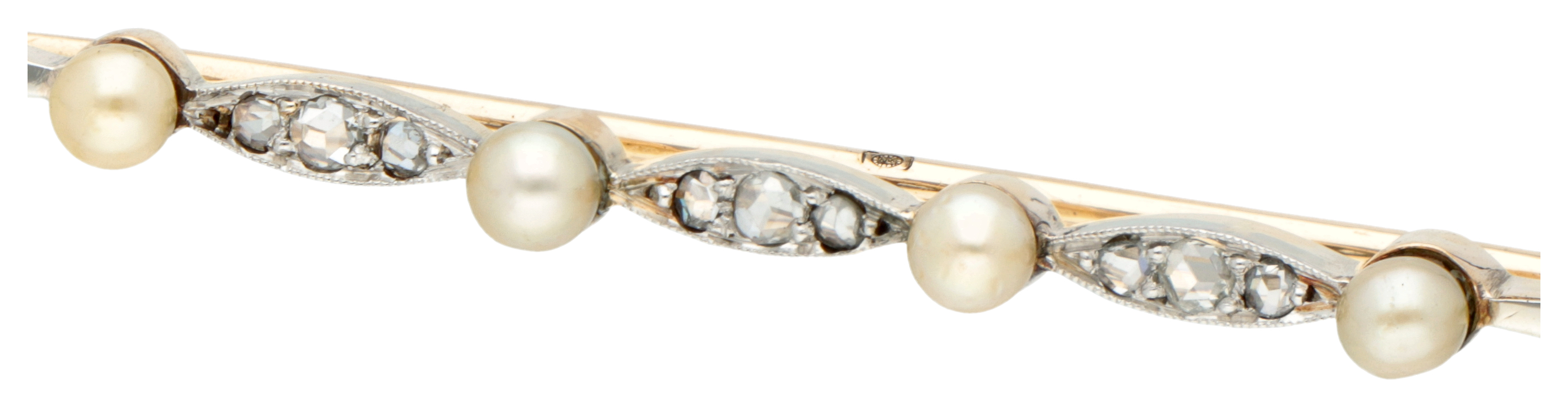 14K. Yellow gold barette brooch with diamond and pearl. - Image 2 of 3