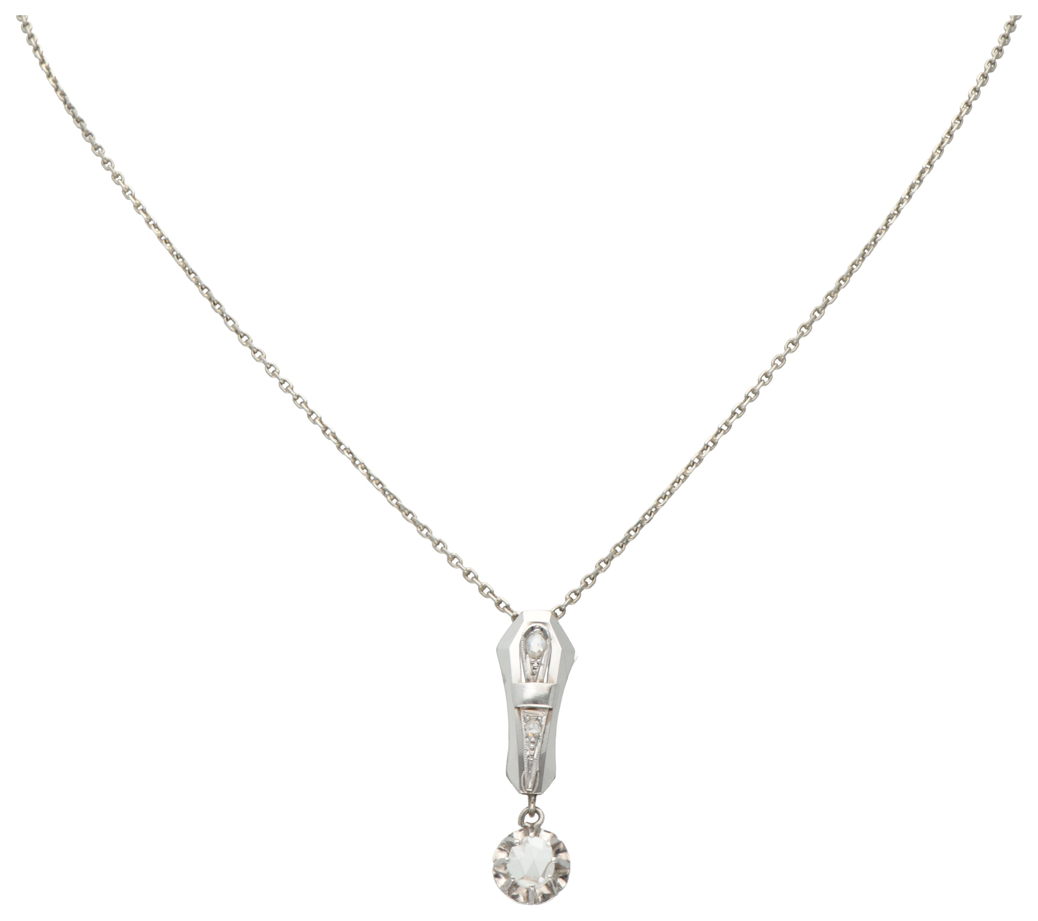 14K. White gold Art Deco pendant set with rose cut diamonds and necklace. 