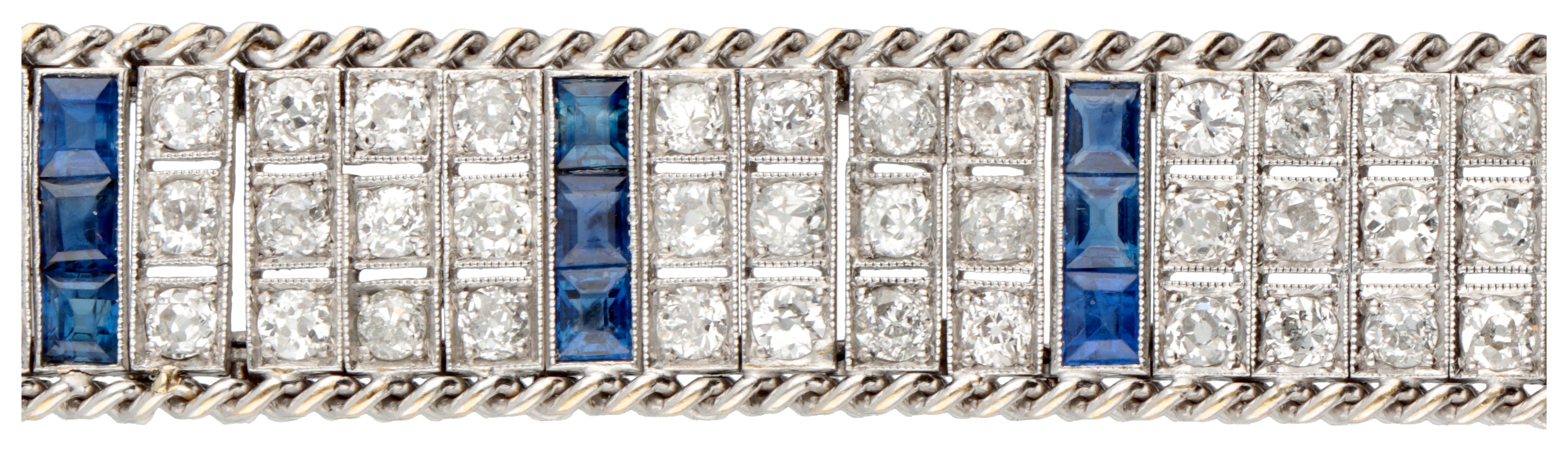 Art Deco 18K. white gold flexible bracelet set with approx. 9.60 ct. diamond and synthetic sapphire. - Image 2 of 3