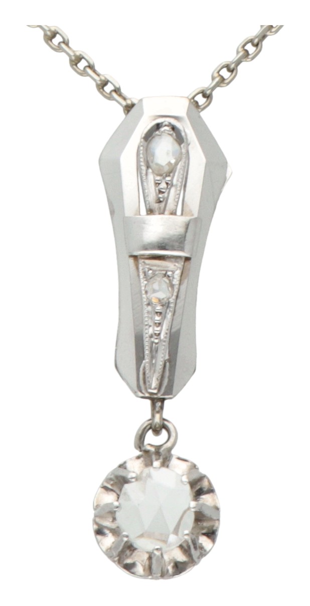 14K. White gold Art Deco pendant set with rose cut diamonds and necklace.  - Image 2 of 3