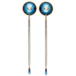 14K. Yellow gold / steel design earrings set with approx. 0.16 ct. diamond, partly with blue titaniu