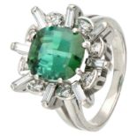 14K. White gold ring set with approx. 4.87 ct. natural bicolor tourmaline and approx. 0.80 ct. diamo