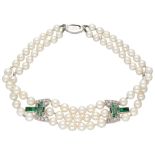 14K. White gold Art Deco pearl bracelet and spacers set with emerald and diamond.