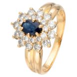 18K. yellow gold entourage ring set with approx. 0.47 ct. natural sapphire and approx. 0.84 ct. diam