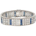 Art Deco 18K. white gold flexible bracelet set with approx. 9.60 ct. diamond and synthetic sapphire.