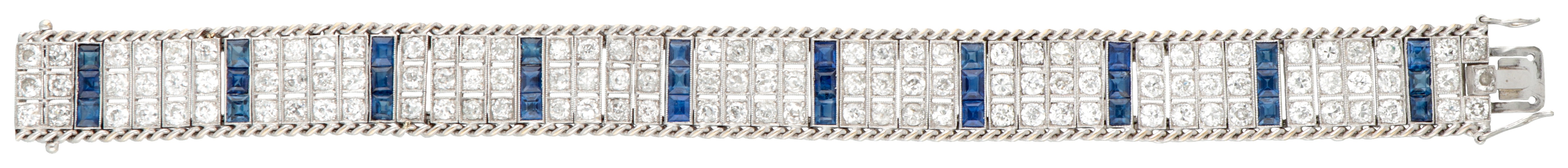 Art Deco 18K. white gold flexible bracelet set with approx. 9.60 ct. diamond and synthetic sapphire. - Image 3 of 3