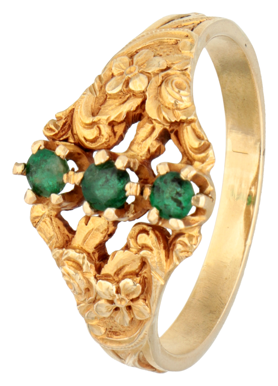 Art Nouveau 18K. yellow gold French ring set with flower motifs and emerald.