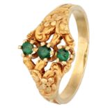 Art Nouveau 18K. yellow gold French ring set with flower motifs and emerald.