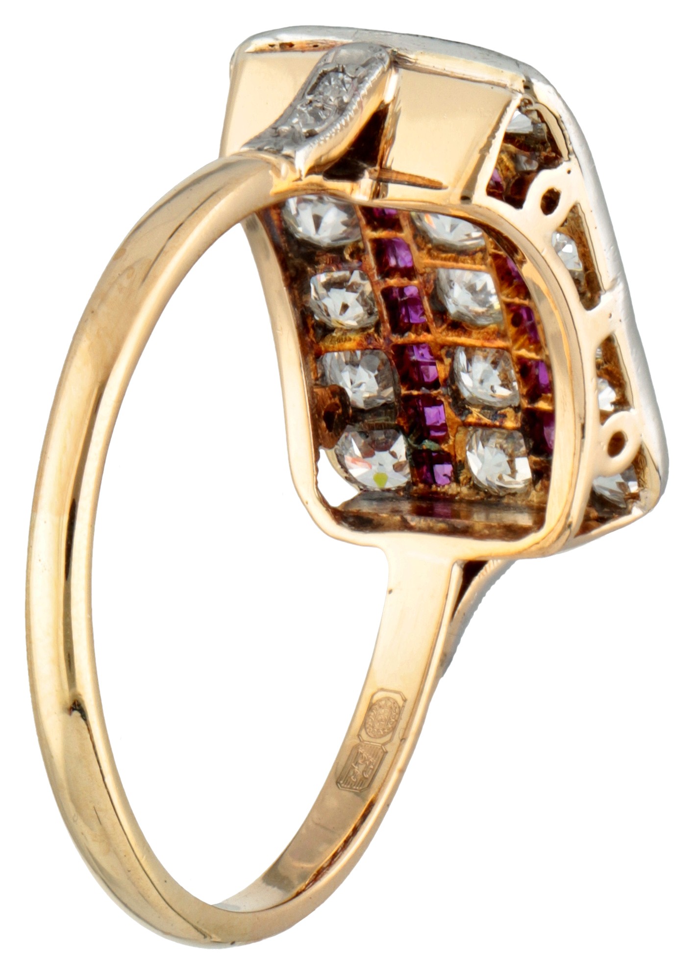 Art Deco 14K. yellow gold / platinum diamond ring approx 0.32 ct. and ruby. - Image 2 of 3