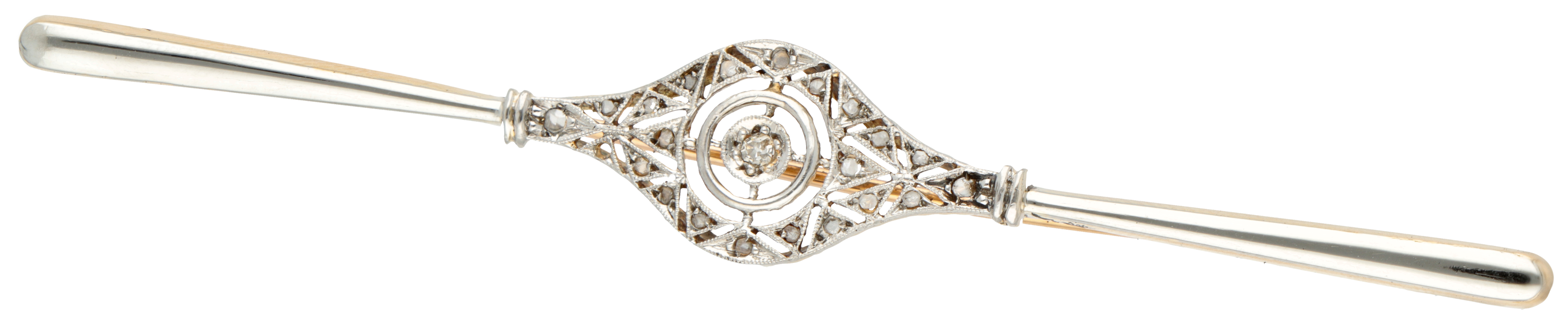 18K. Bicolor gold early Art Deco brooch set with diamond.