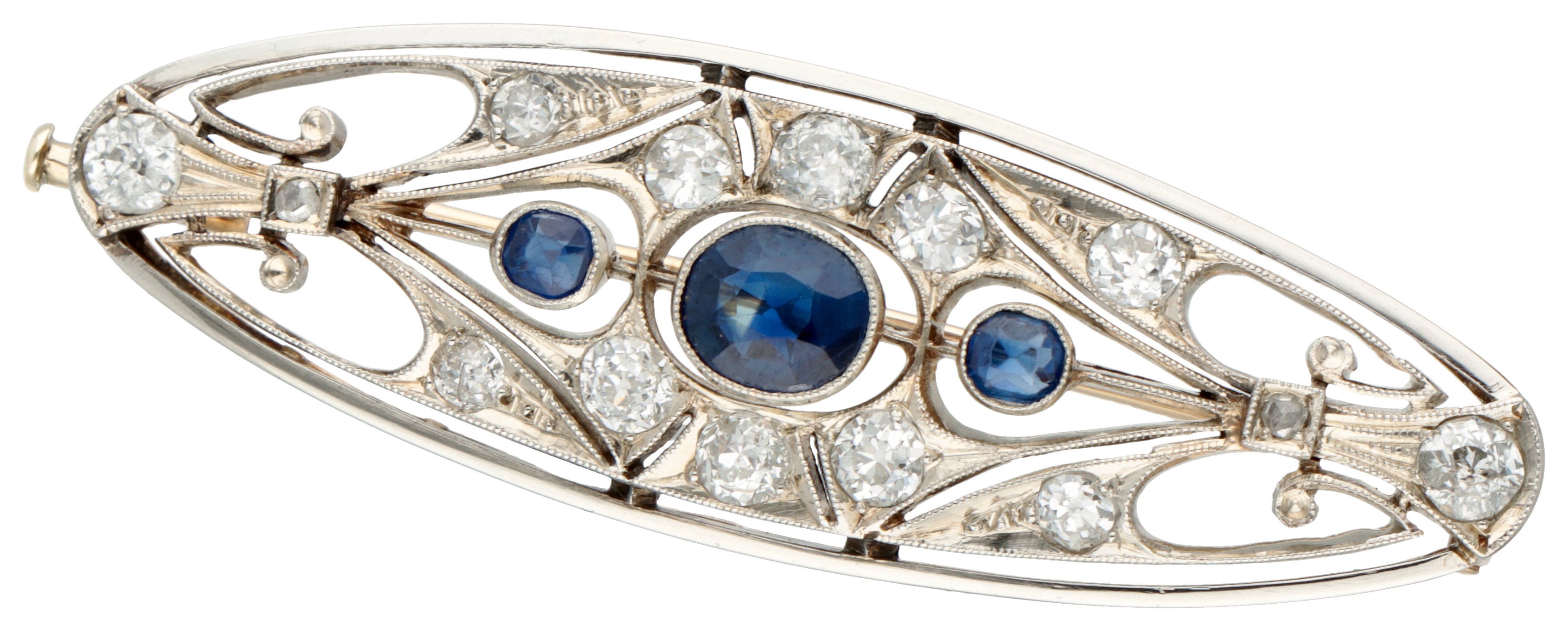 14K. Yellow gold Czech Art Deco brooch set with sapphire and old cut diamond.