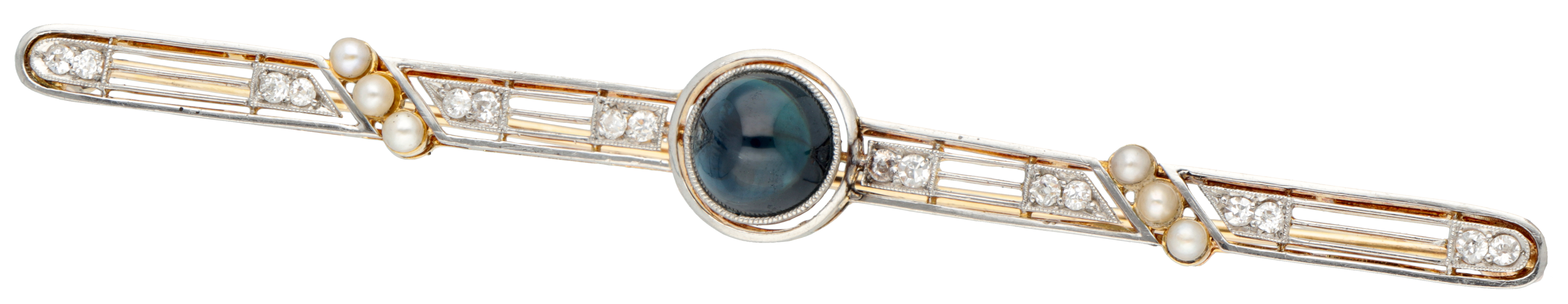 18K. Yellow gold / platinum Art Deco barrette brooch set with ca. 2.31 ct. natural sapphire, diamond