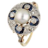 14K. Yellow gold Art Deco ring set with diamond, synthetic sapphire and pearl.