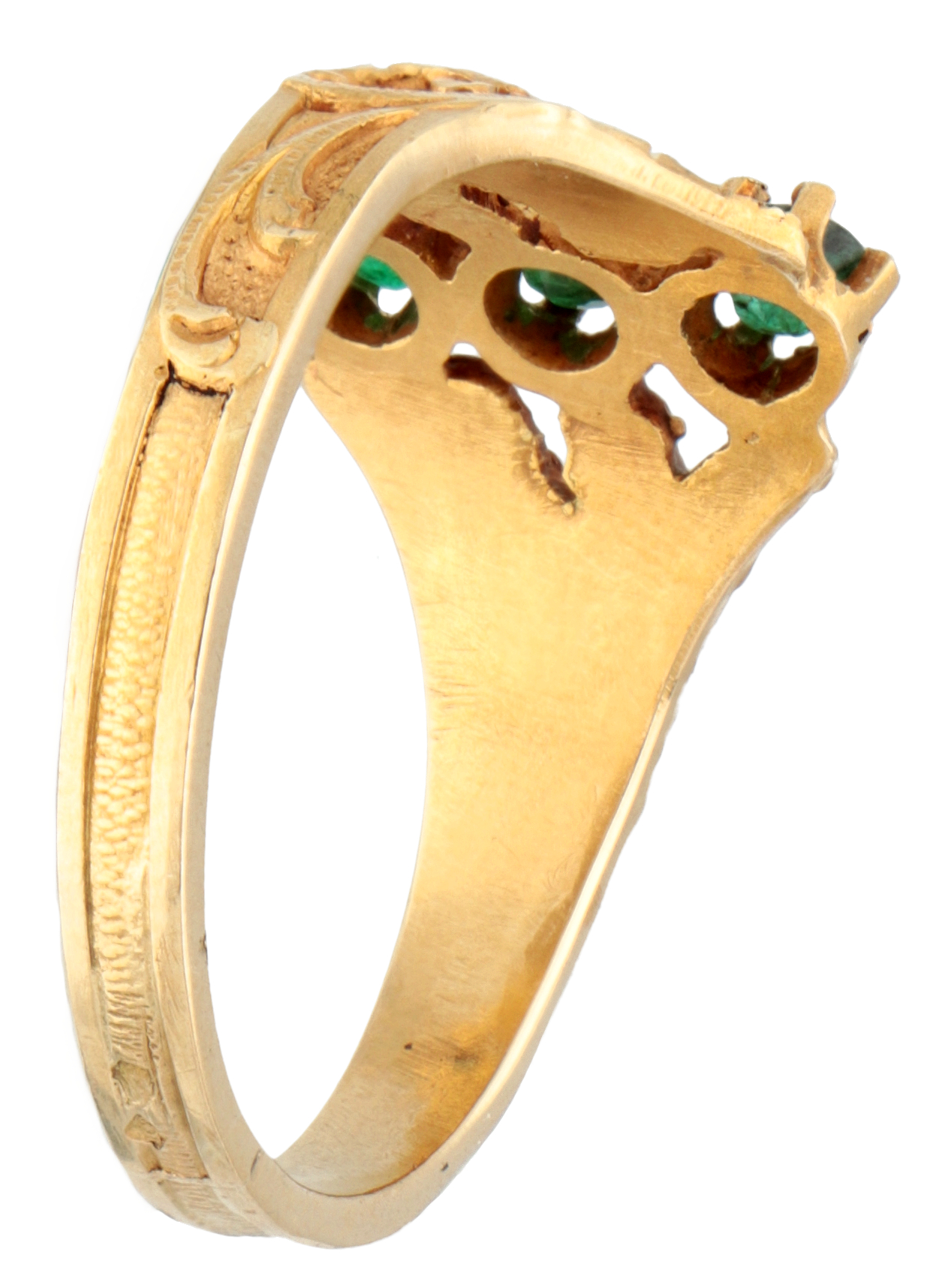 Art Nouveau 18K. yellow gold French ring set with flower motifs and emerald. - Image 2 of 3