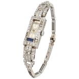 Art Deco platinum / 14K. white gold Olympic ladies wristwatch with diamond.