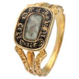 19th-century 15K yellow gold Victorian remembrance ring with hair and an inscription.