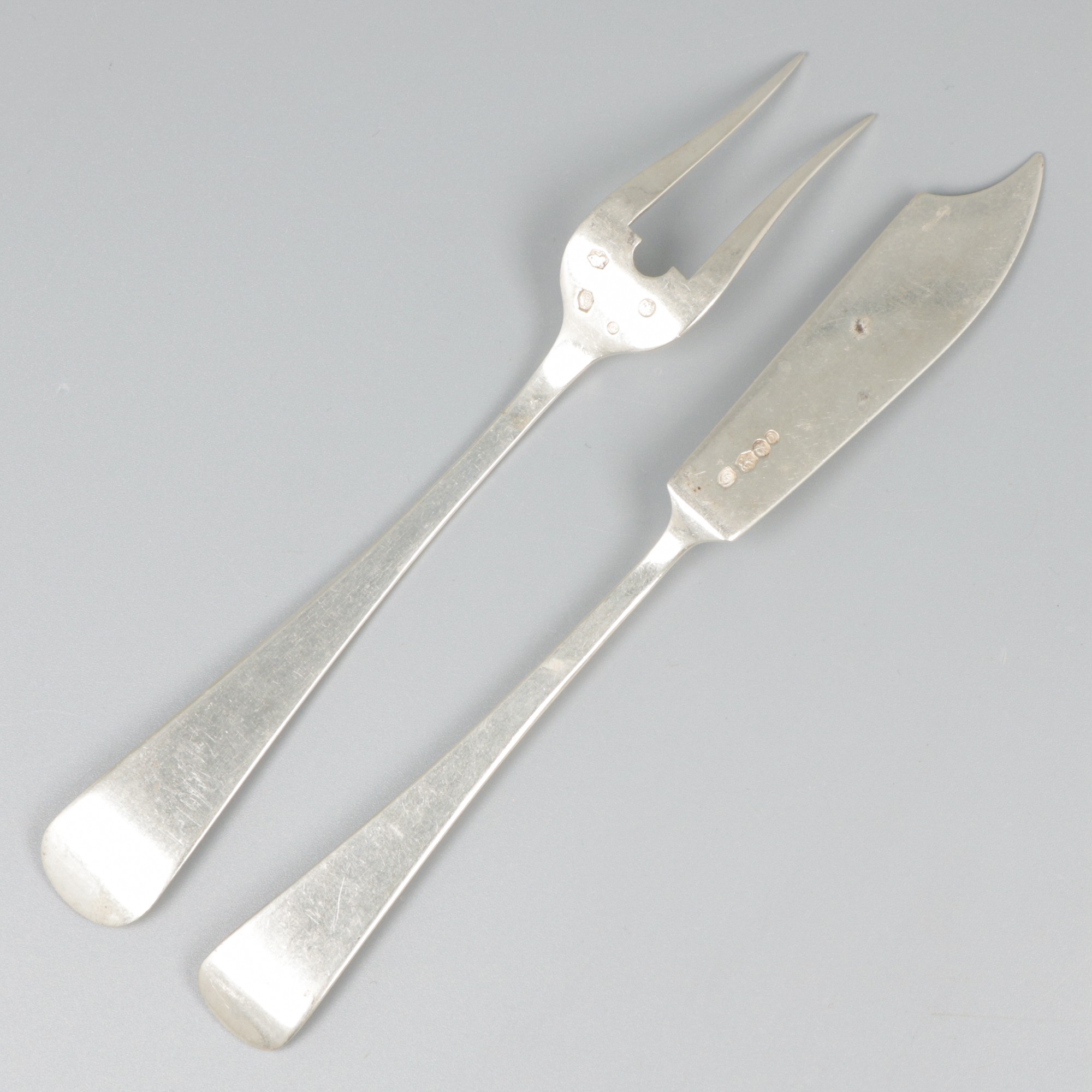 Butter knife & meat fork "Haags Lofje" silver. - Image 2 of 6