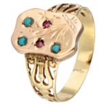 14K Yellow gold ring set with red and blue coloured stones.